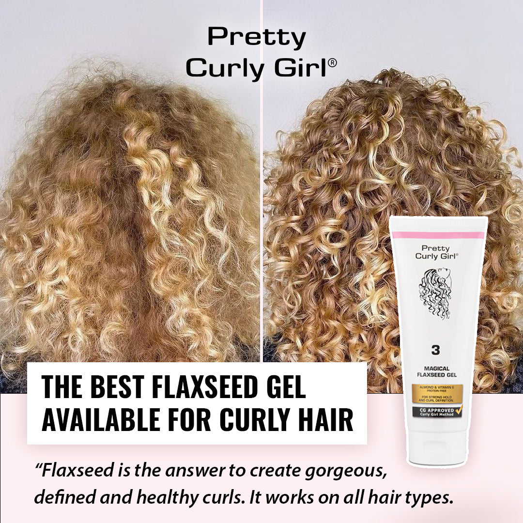 Pretty Curly Girl USA Magical Flaxseed Gel defining soft, frizz-free curls with all-day hold.