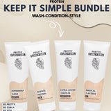The Keep It Simple bundle by Pretty Curly Girl USA holds a shampoo, protein mask, leave-in and flaxseed gel that together wash, condition and style your curls.